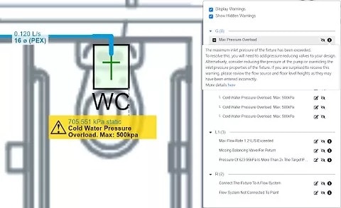design warning review panel graphic showing cold water pressure overload