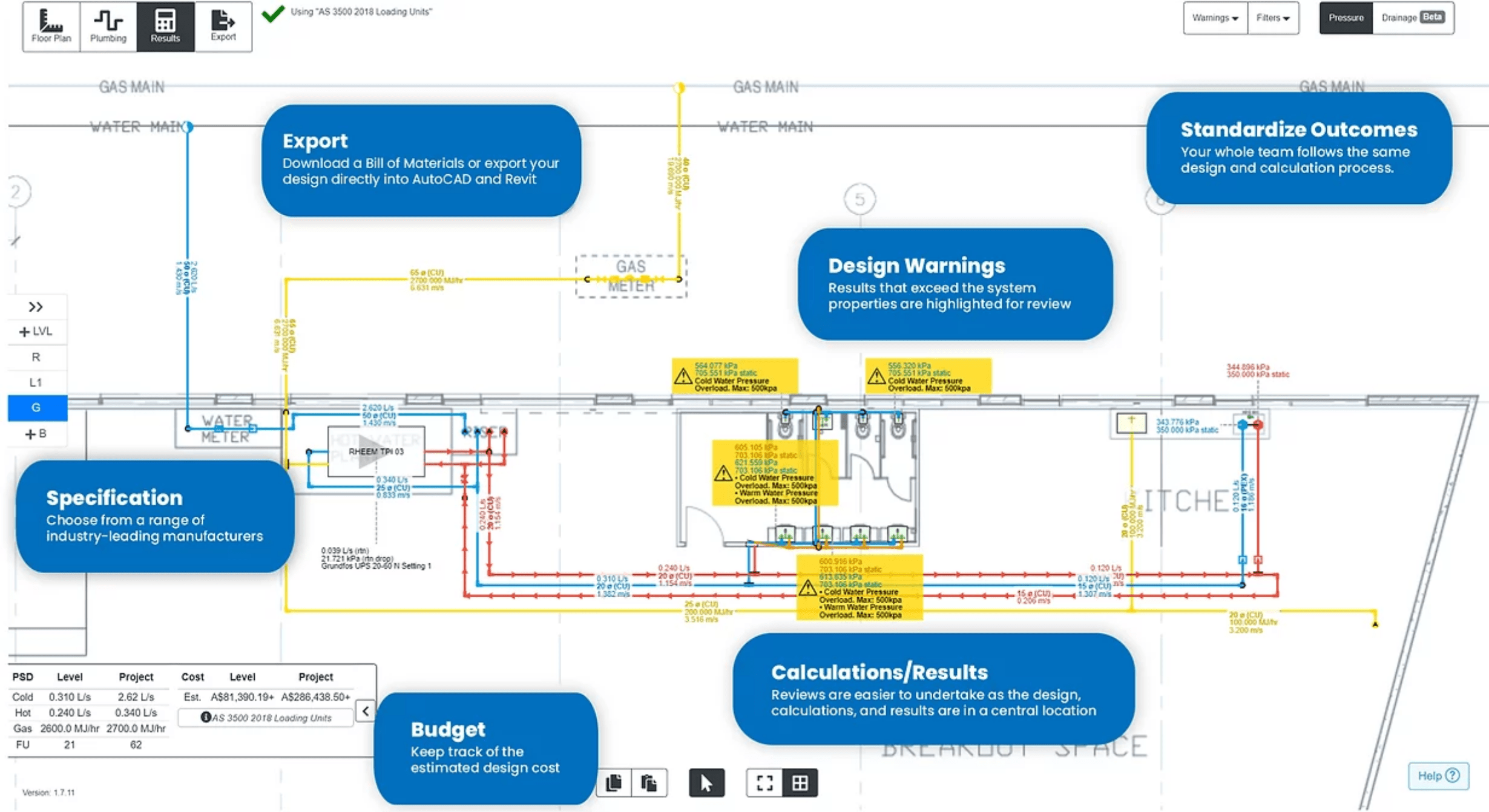 Design@2x graph showing plumbing system and design warnings