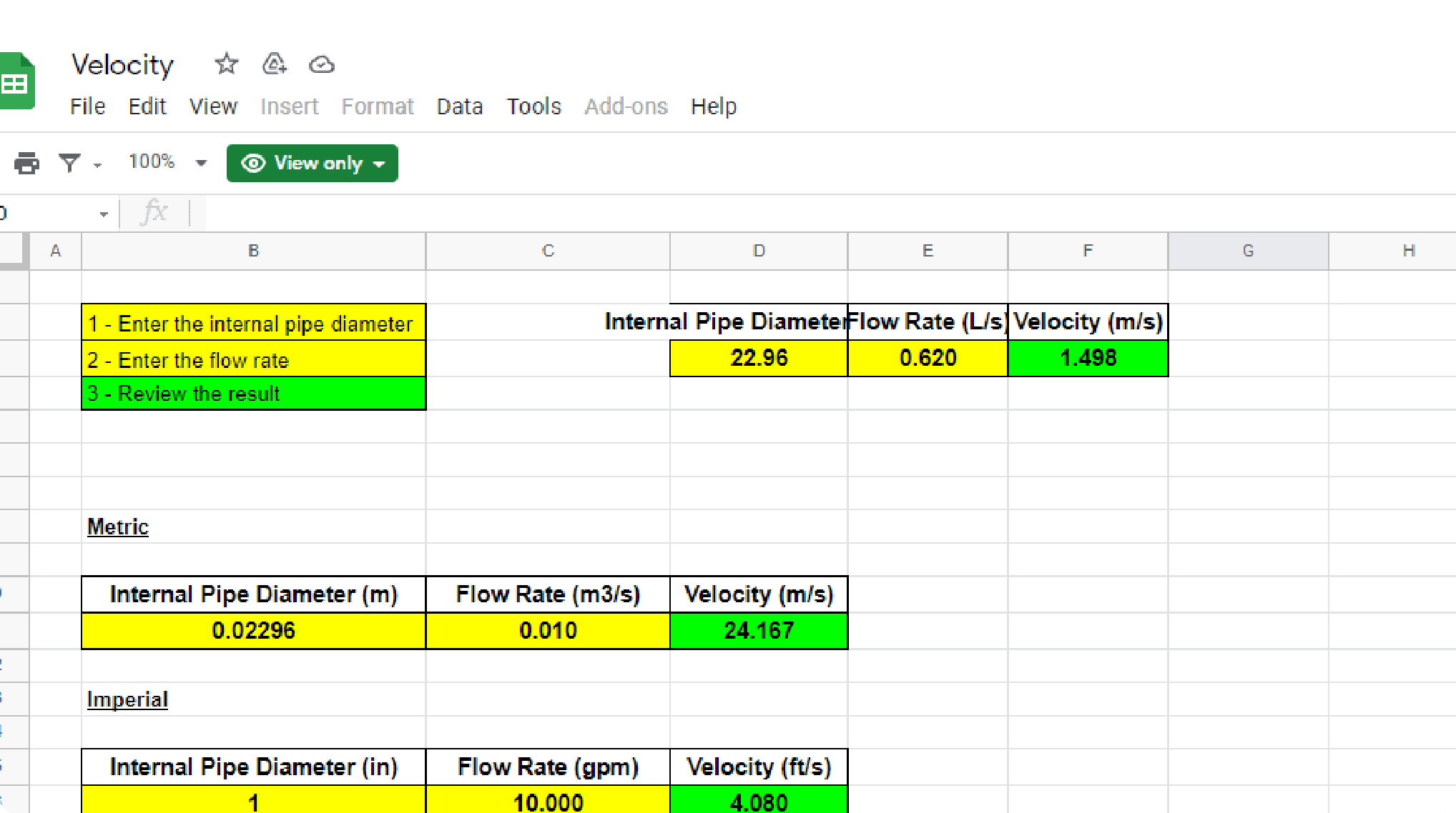 pipe velocity free spreadsheet