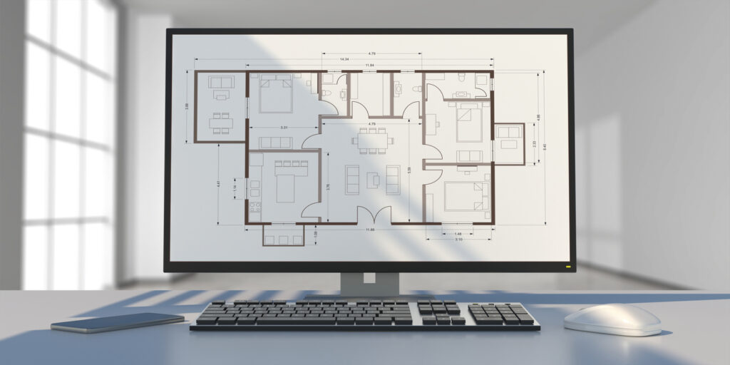 Architect engineer office desk. Building project blueprint plan on a computer screen. Real estate, housing project construction concept. 3d illustration