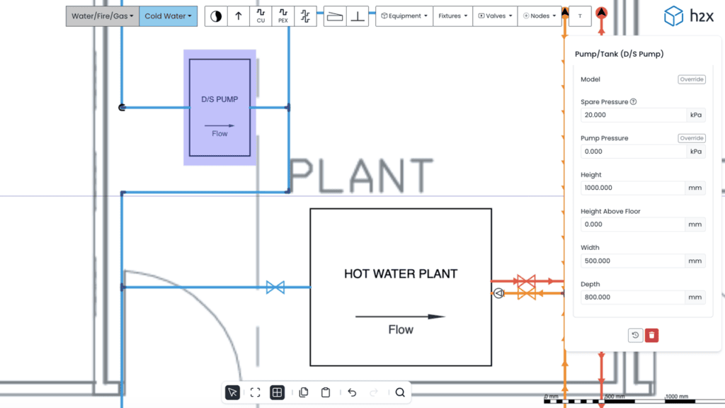 Recirculation pump sizing and hot water system design in h2x