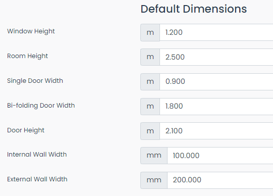 Default dimensions for windows, doors, and wall thicknesses