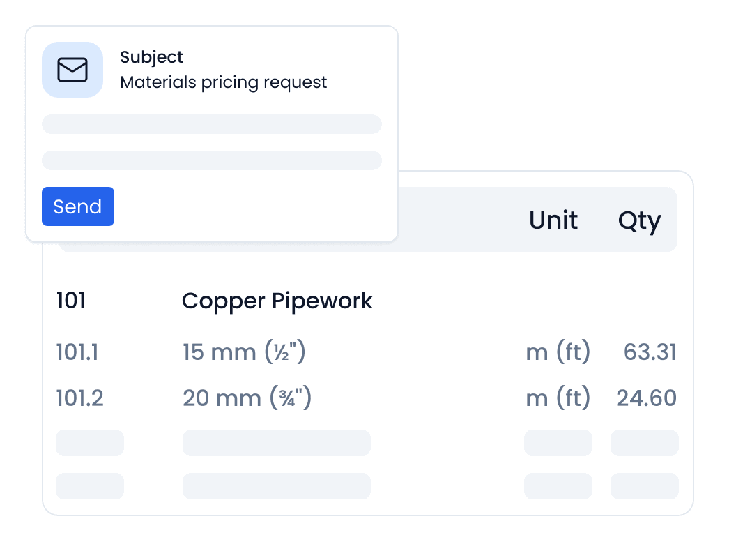 h2x Bill of Materials Faster Estimating & Procurement MEP estimating workflow showing bill of materials with direct materials pricing request email in h2x