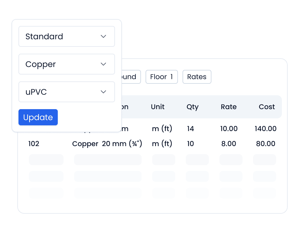 h2x Bill of Materials Value Engineering h2x MEP design software showing pipe material value engineering with copper and uPVC cost comparison