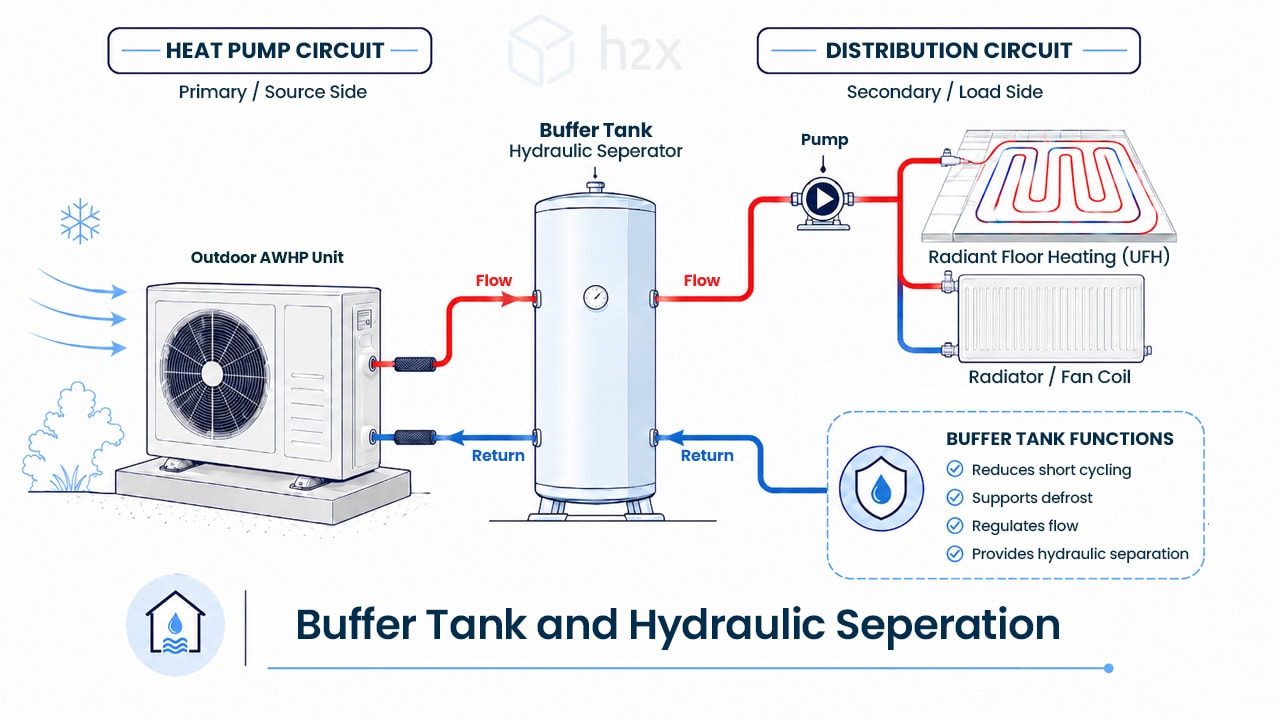 Air-to-water heat pump buffer tank and hydraulic separation Buffer tank and hydraulic separation diagram for an air-to-water heat pump system showing the heat pump circuit and distribution circuit