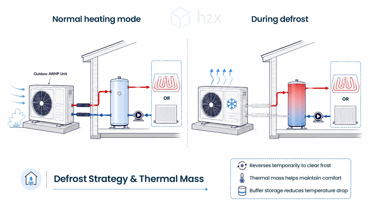 Air-to-water heat pump defrost strategy and thermal mass Air-to-water heat pump defrost strategy diagram showing normal heating mode, defrost mode, buffer storage, and hydronic distribution