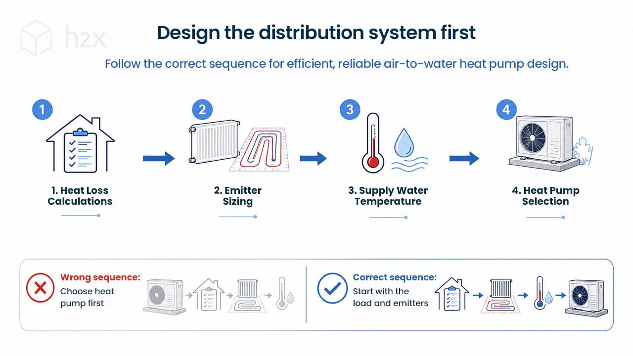 AWHP design sequence AWHP design sequence showing heat loss calculations, emitter sizing, supply water temperature, and selection