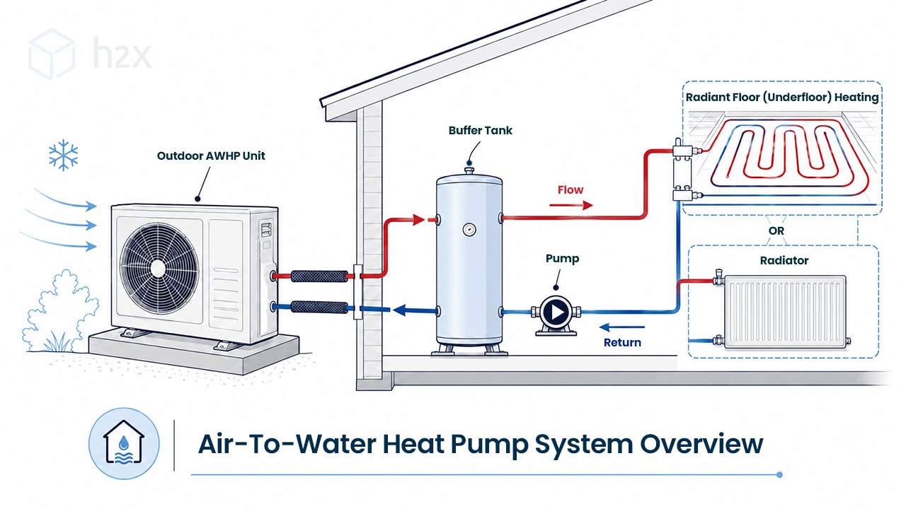 Air-to-water heat pump system overview Air-to-water heat pump system diagram showing an outdoor unit, buffer tank, pump, radiant floor heating, panel radiator, and flow and return pipework