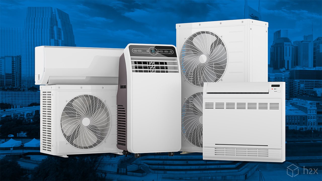 HVAC System Types - Split, Multi-Split, and VRF Units Range of HVAC indoor and outdoor unit types including split system, multi-split, and floor-standing units against a city skyline