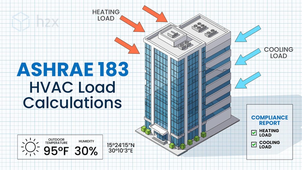 ASHRAE 183 HVAC load calculations graphic showing heating and cooling loads, weather data, and compliance reporting for a commercial building