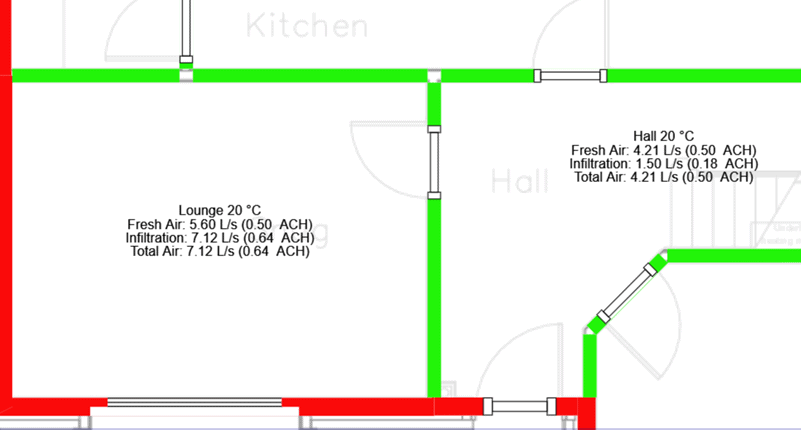 h2x Total Air Diversity BS EN 12831 In-app view of h2x showing two rooms with diversified total air values