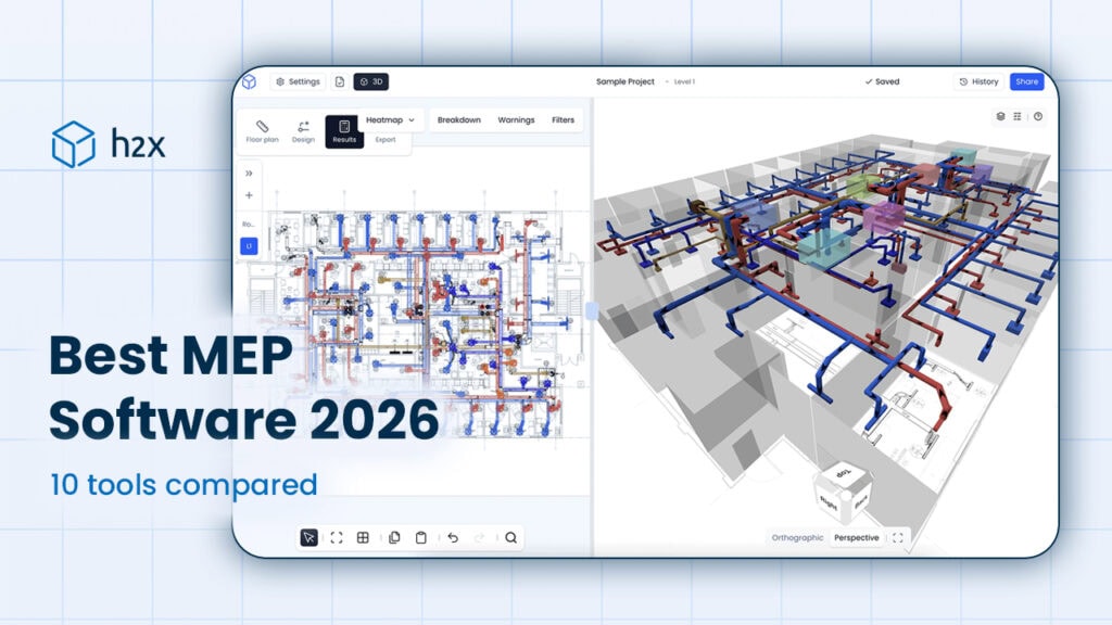 Best MEP software in 2026 showing an h2x 2D system layout and 3D MEP model