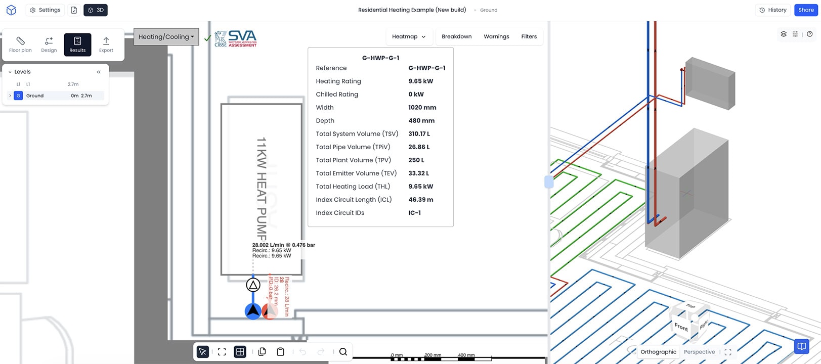 Circulation Pump Sizing and Index Circuit in h2x Index circuit, heating load and pump calculations shown in h2x