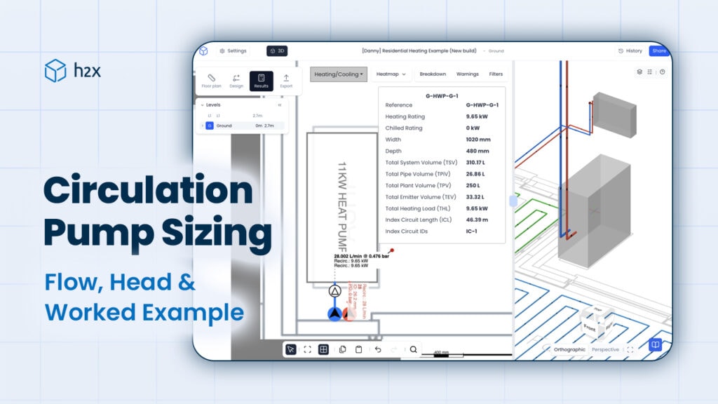 Circulation pump sizing for a heating system with h2x calculation results