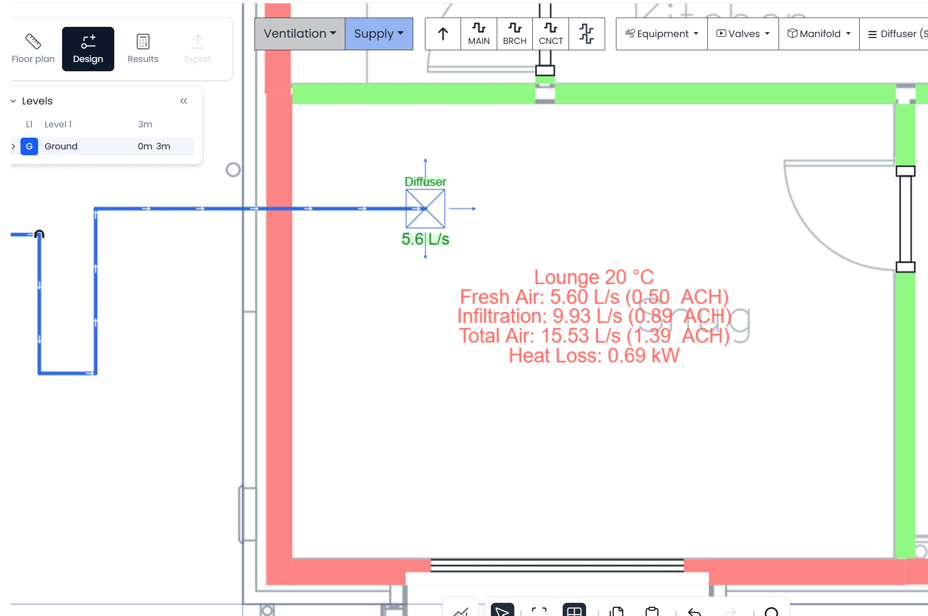 h2x Air Mass Balance 1 In-app view of h2x illustrating the effect of a supply diffuser added to a room, with fresh air value set for flow rate and total air showing infiltration and supply flow rate added together, when designing to BS EN 12831.