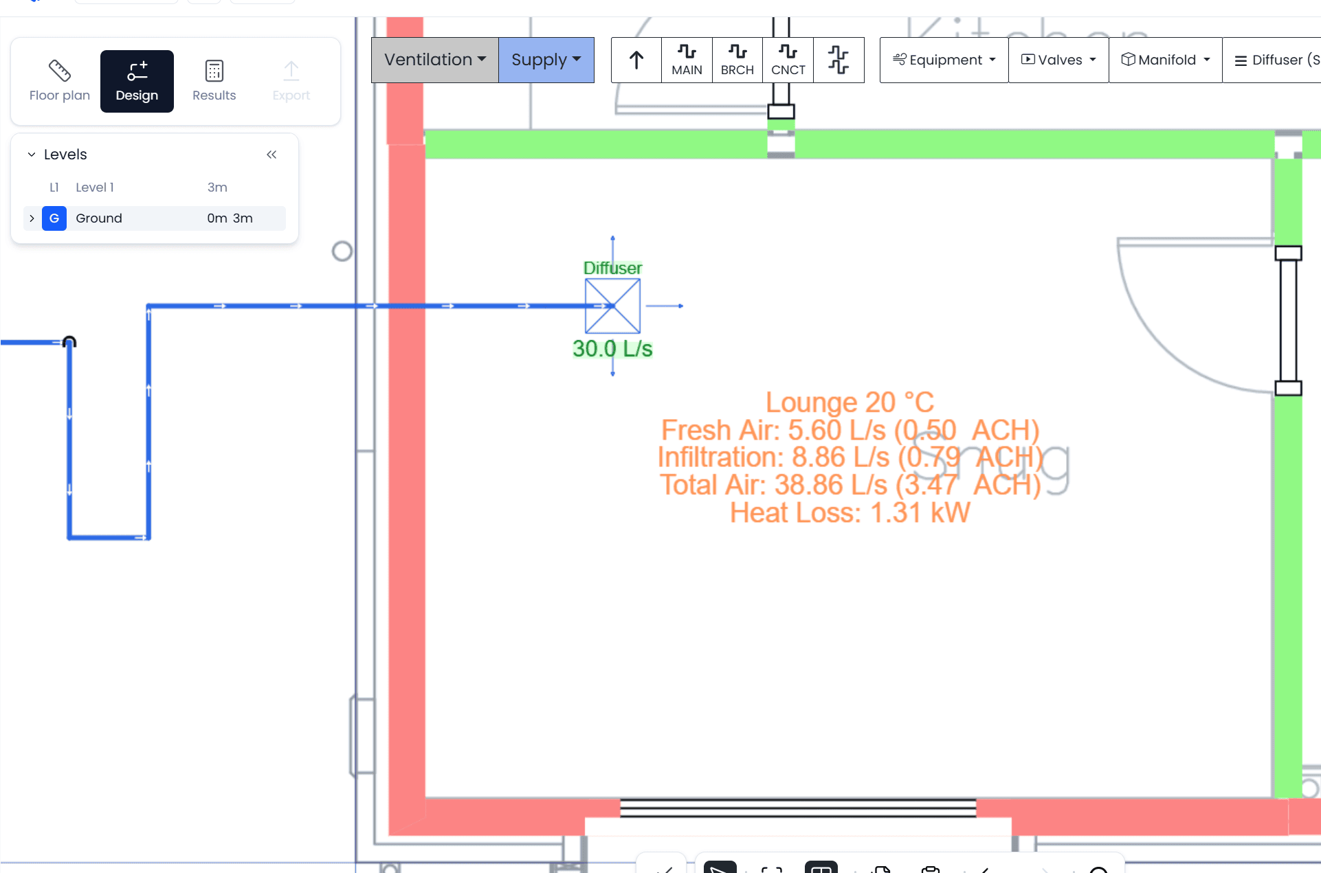 h2x Air Mass Balance 2 In-app view of a room in h2x illustrating an increase in flow rate and a corresponding decrease in infiltration, with total air showing a different value than the sum of infiltration and supply flow rate, when designing to BS EN 12831.