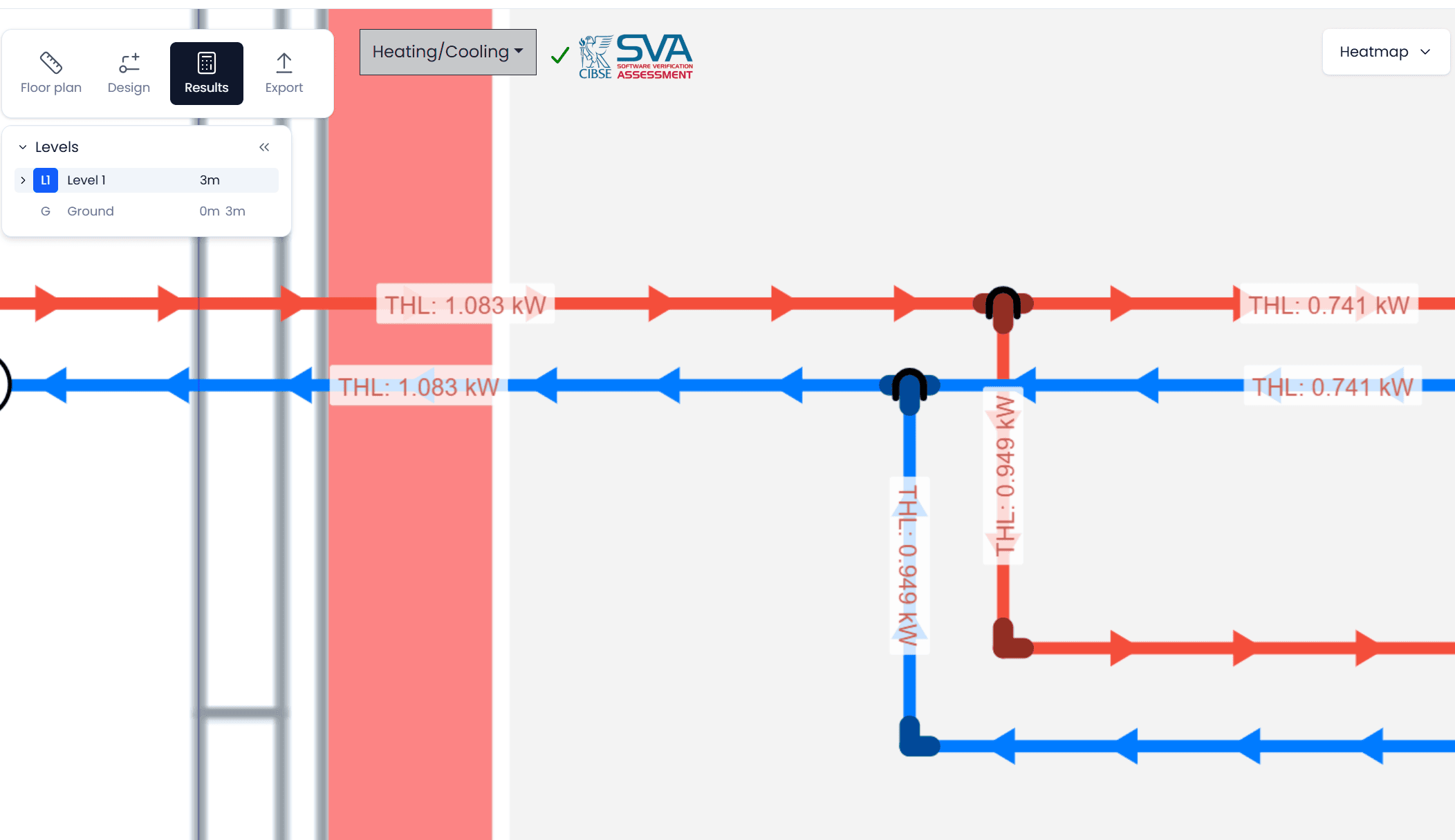 h2x diversification of pipe network In-app view of h2x showing heat load diversification of pipe network when designing to BS EN 12831