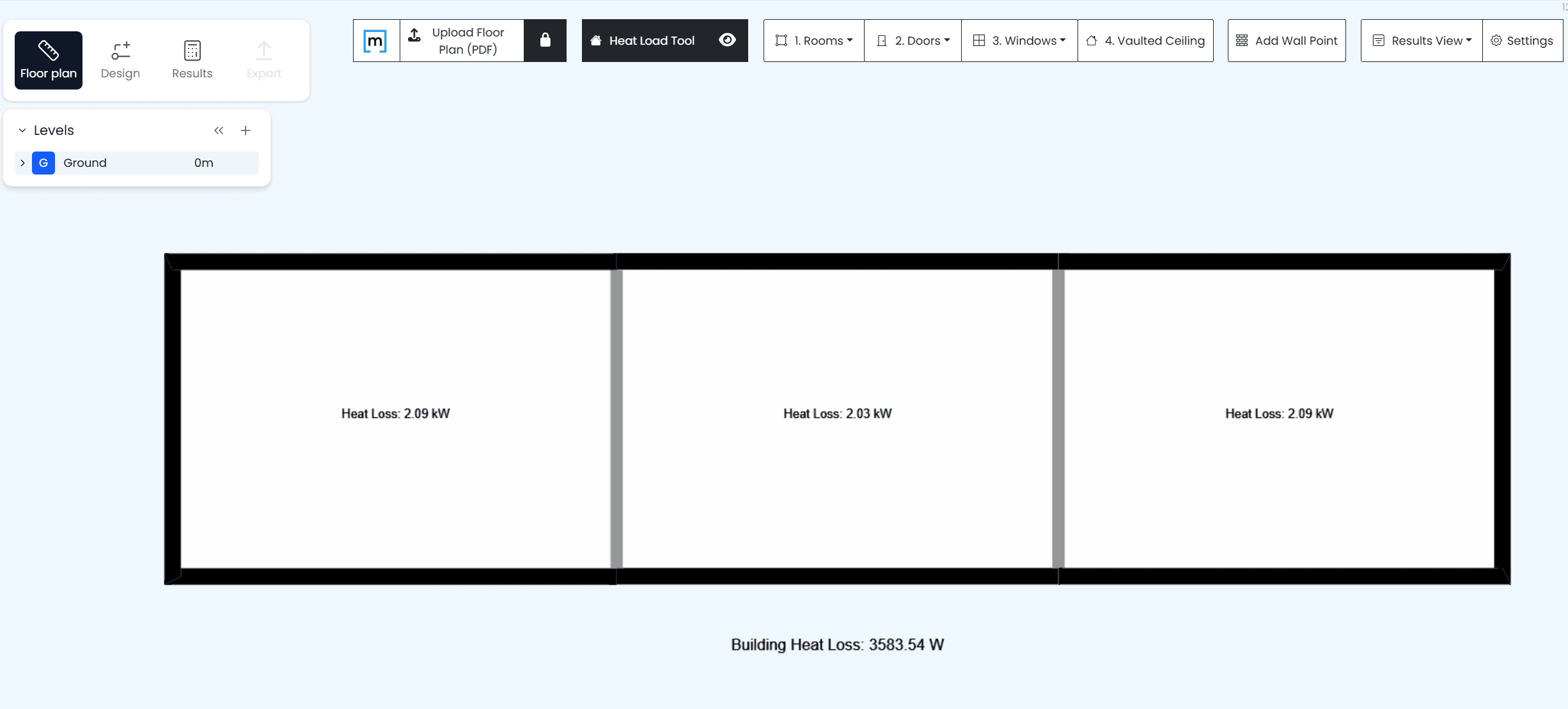h2x diversified room peaks and building load In-app view of h2x showing diversified room peaks and building load when designing to BS EN 12831