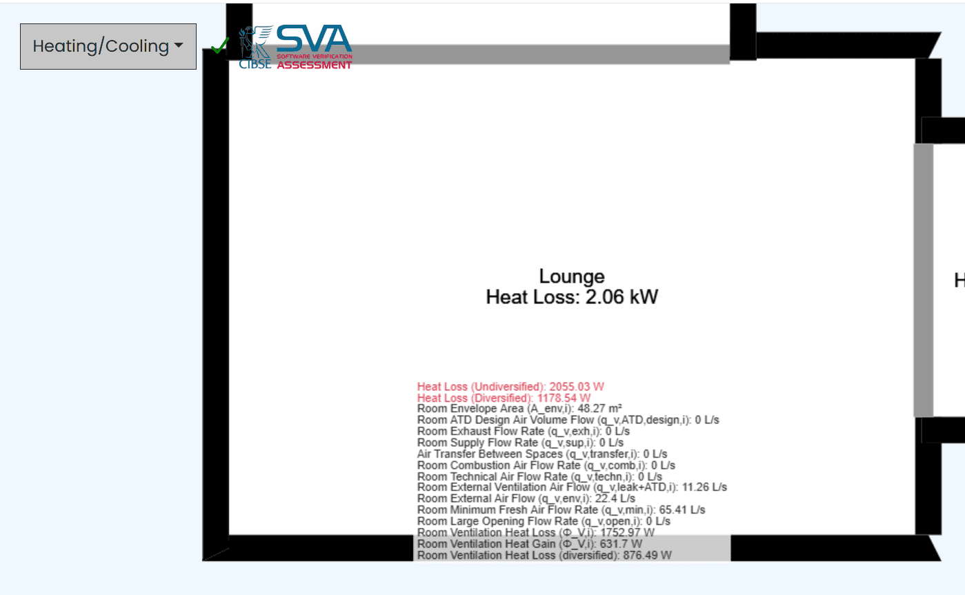 h2x heat loss lounge shown on room 2 In-app room view in h2x showing heat load with underlying measurements