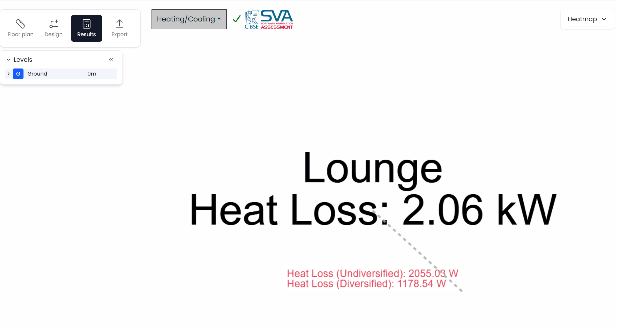 h2x heat loss lounge shown on room In-app room view in h2x showing heat loss