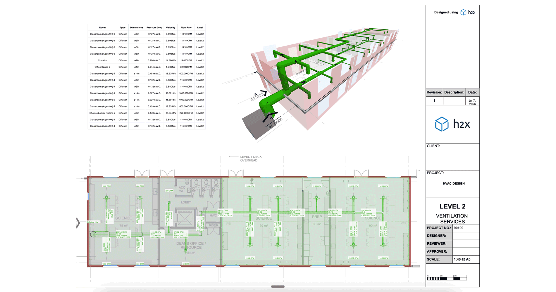 h2x HVAC Design Drawings, Reports and Exports h2x HVAC design output showing a ventilation drawing, 3D model and calculation data