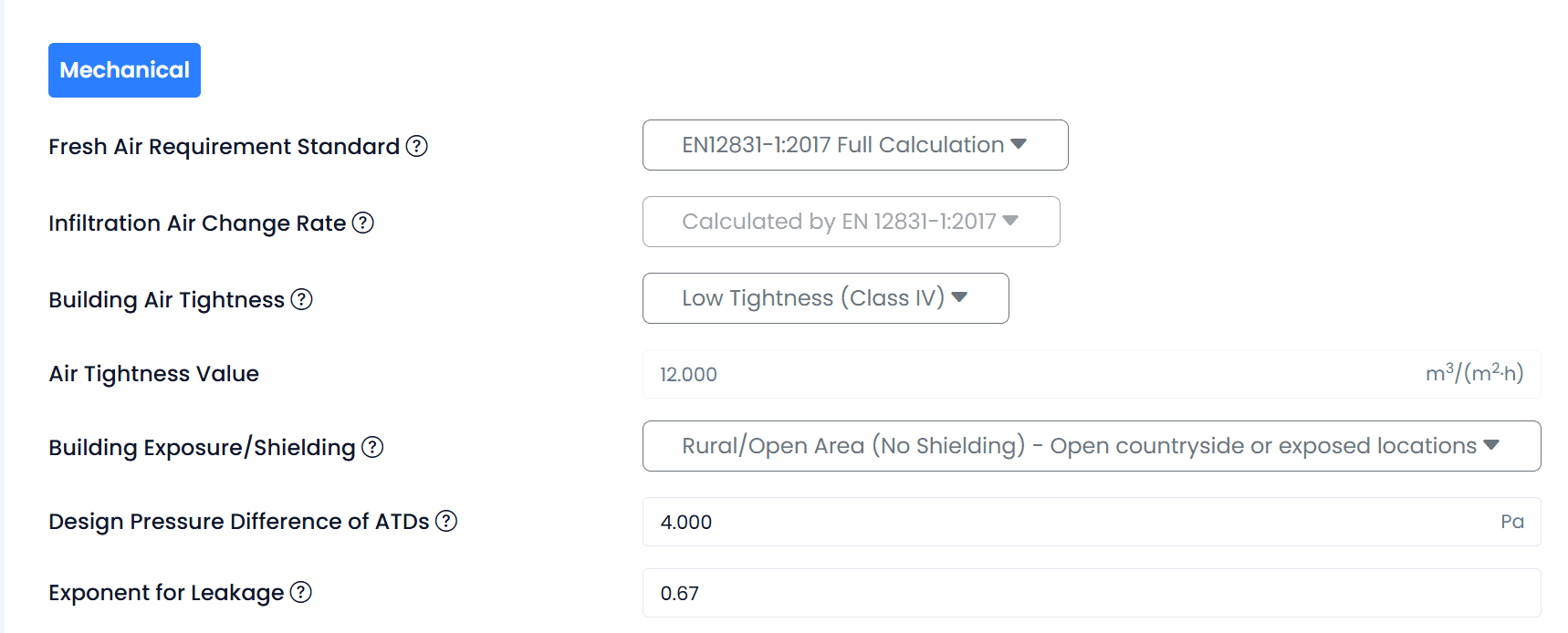 h2x methods settings panel In-app view of h2x showing the methods settings panel where air requirement standards are set