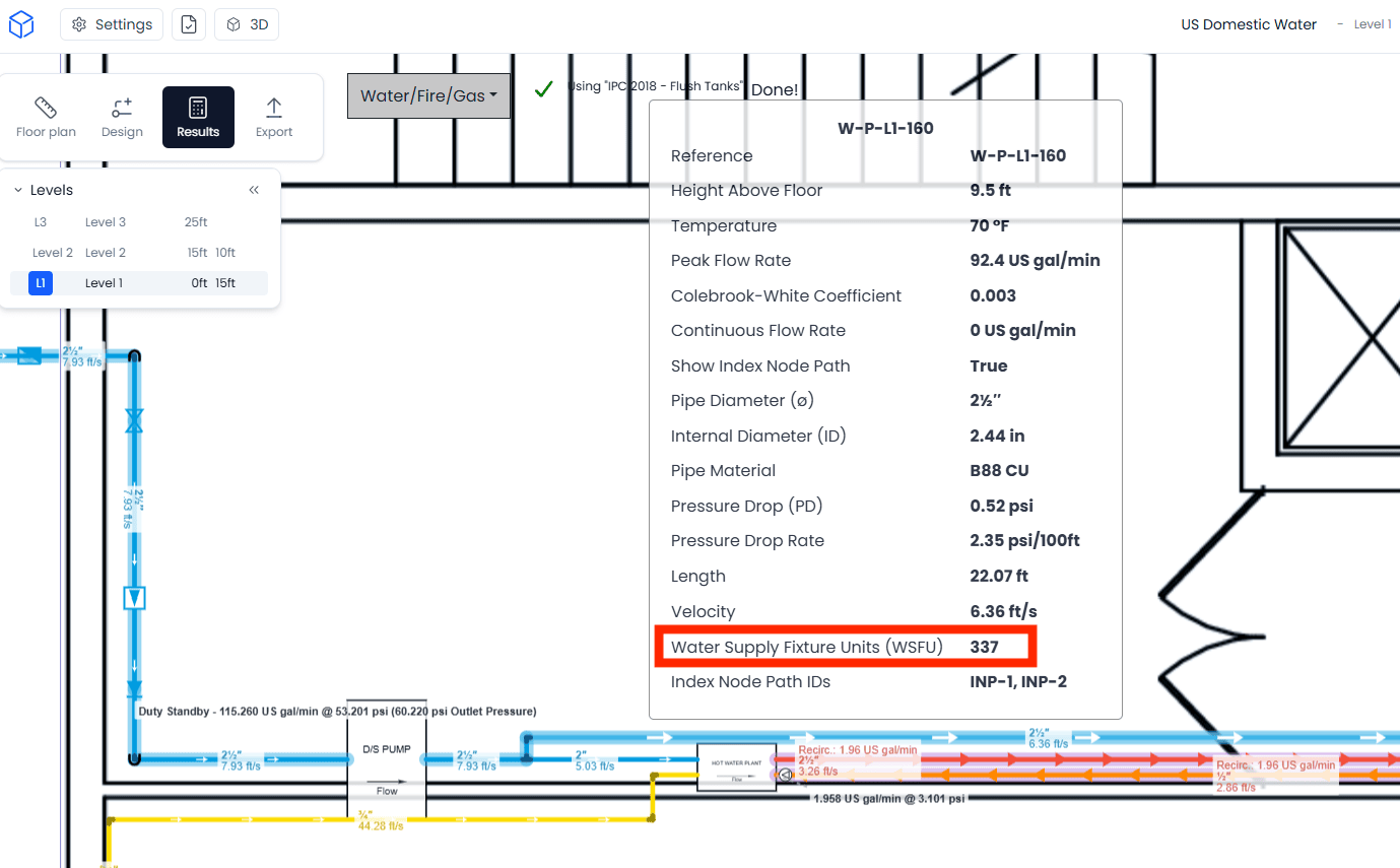 h2x pipe sizing with WSFU h2x in-app screenshot of pipe sizing with menu showing water supply fixture units (WSFU).
