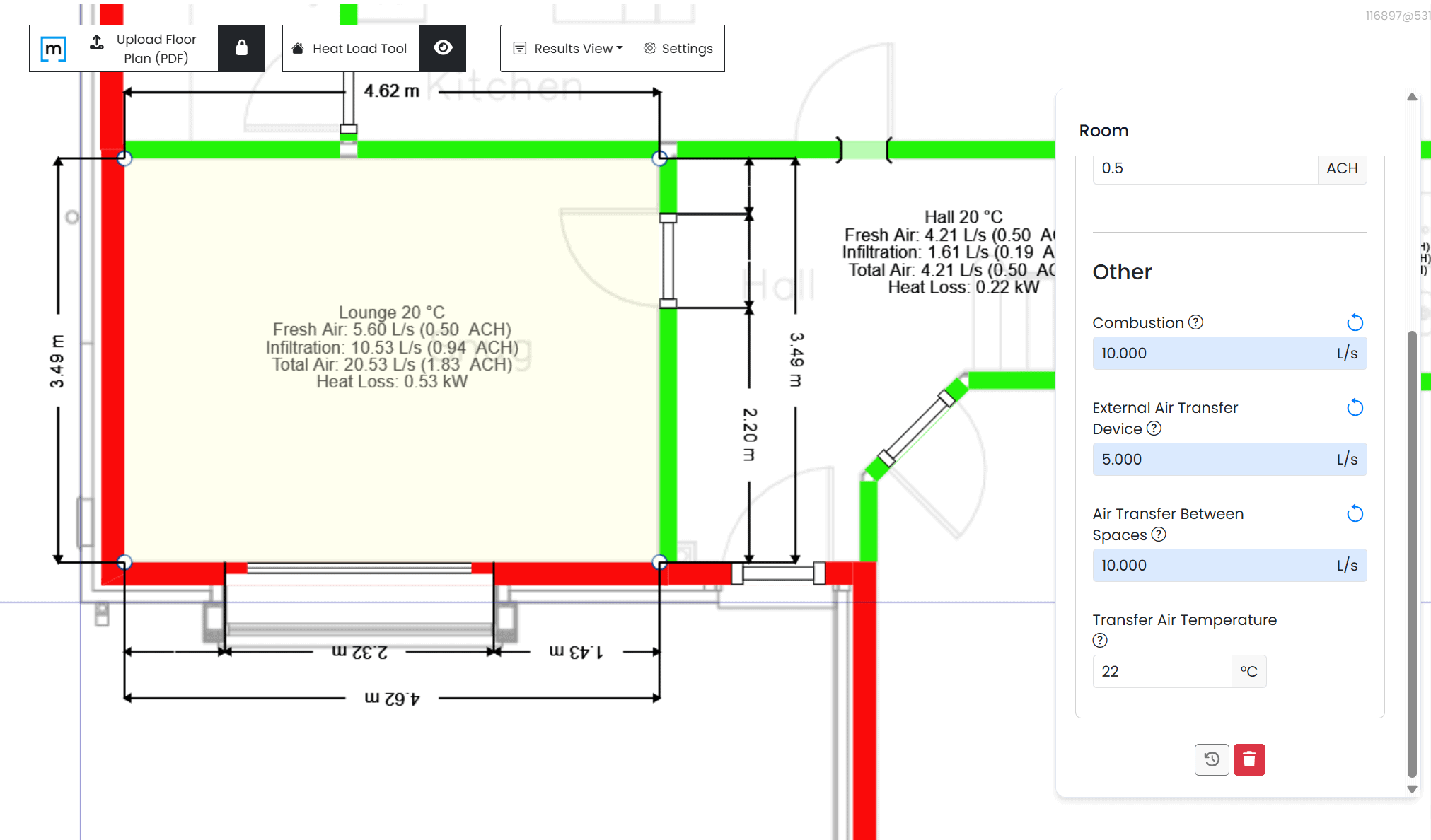 h2x required floor plan inputs In-app view of h2x showing combustion, external air transfer device, air transfer between spaces, and transfer air temperature inputs