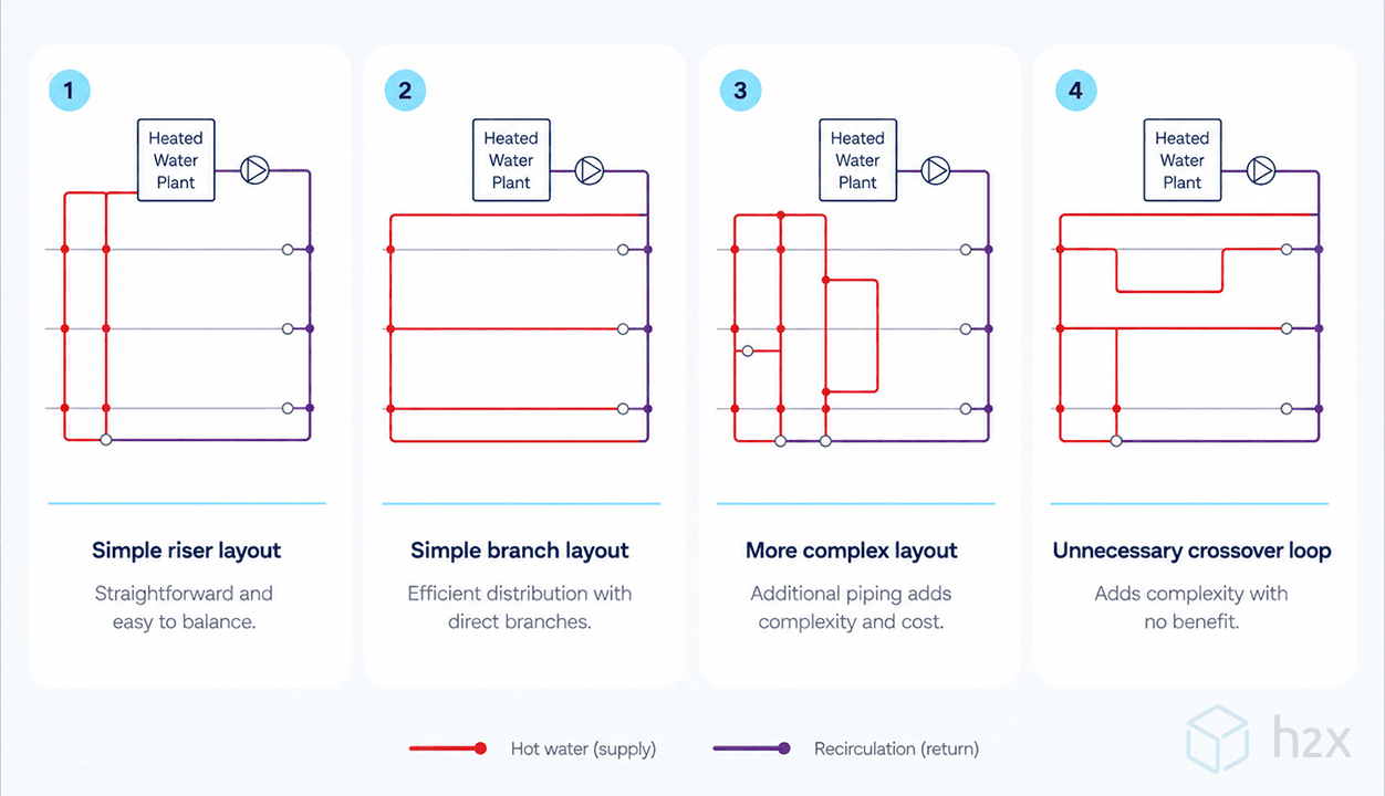 Hot Water Recirculation Layout Comparison Comparison of simple and more complex circulation pipe layouts