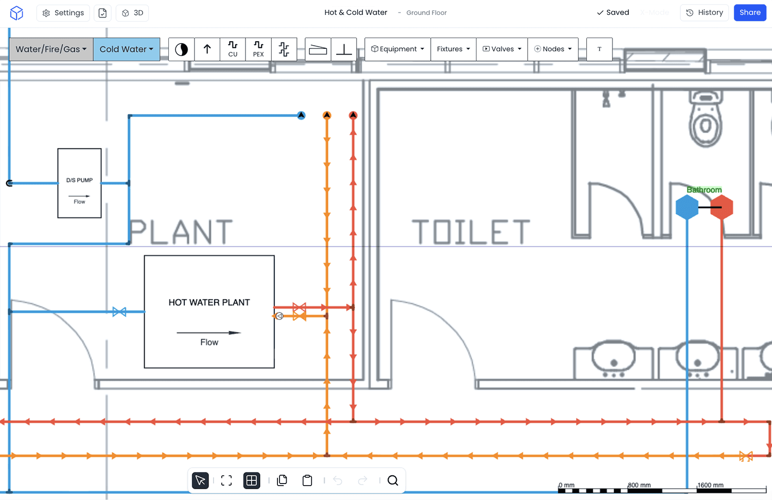 Hot Water Recirculation System Design in h2x Hot water recirculation system layout designed in h2x software