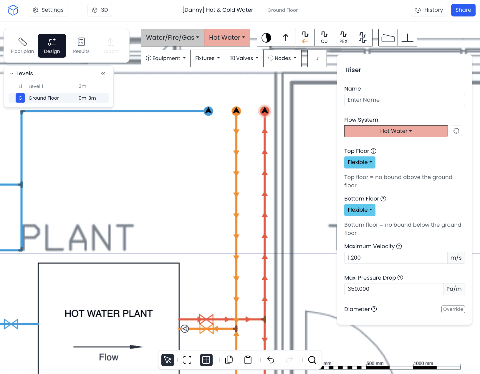 Hot Water Recirculation System Layout in h2x Hot water supply and return pipework with riser settings in h2x