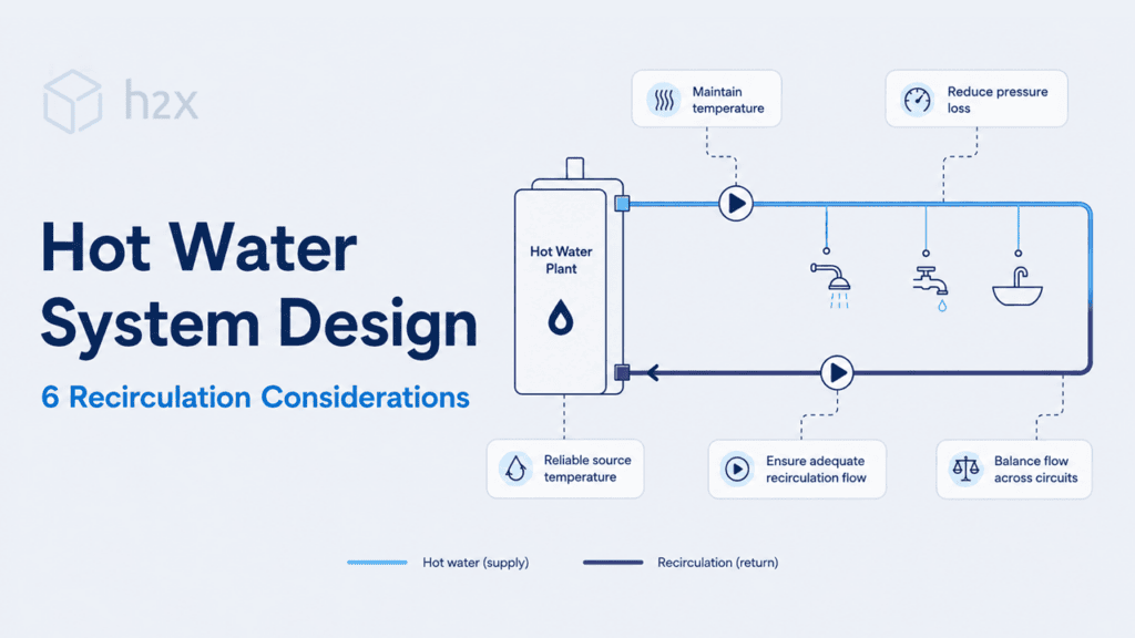 Hot water system design showing supply, recirculation return and key design considerations