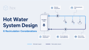 Hot water system design showing supply, recirculation return and key design considerations