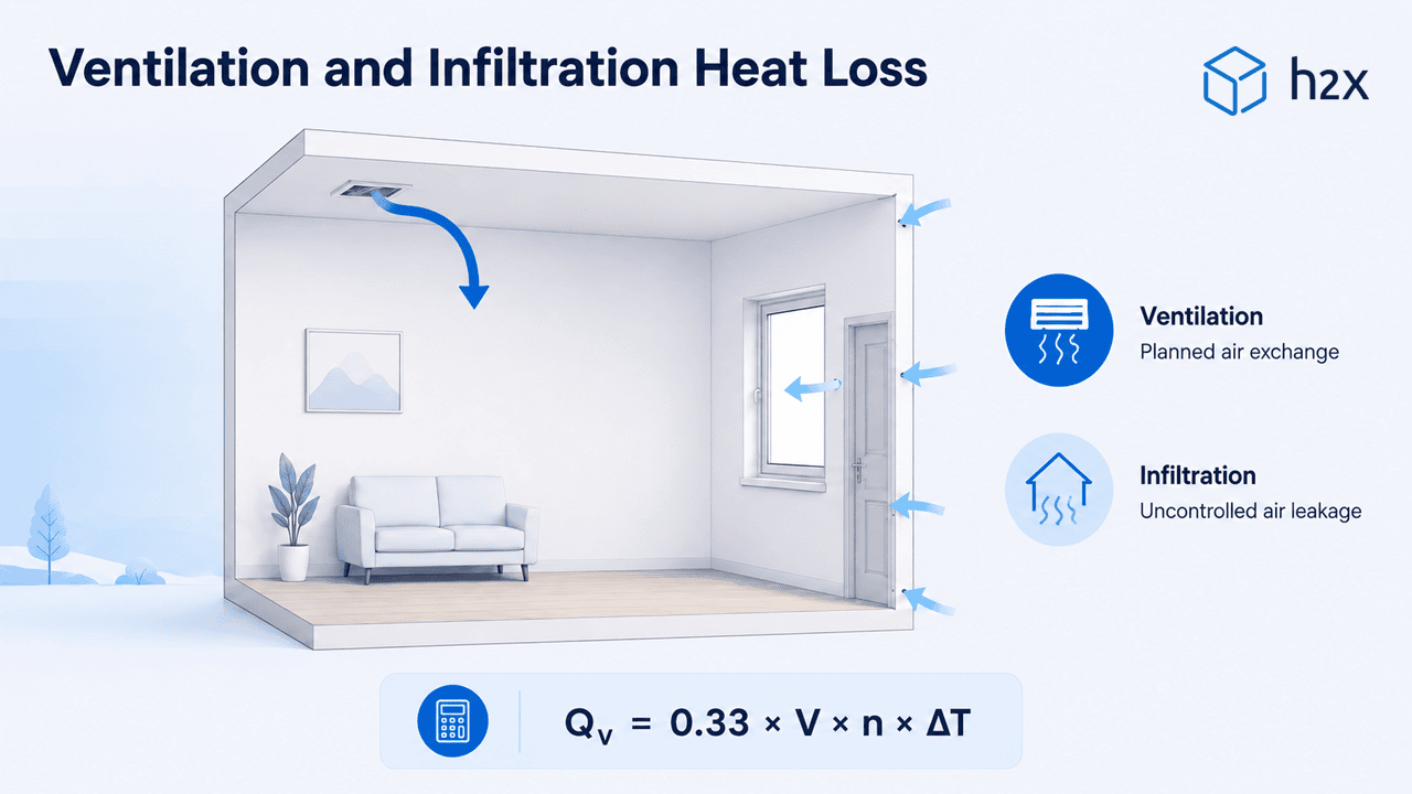Ventilation and infiltration heat loss diagram showing planned air exchange and uncontrolled air leakage