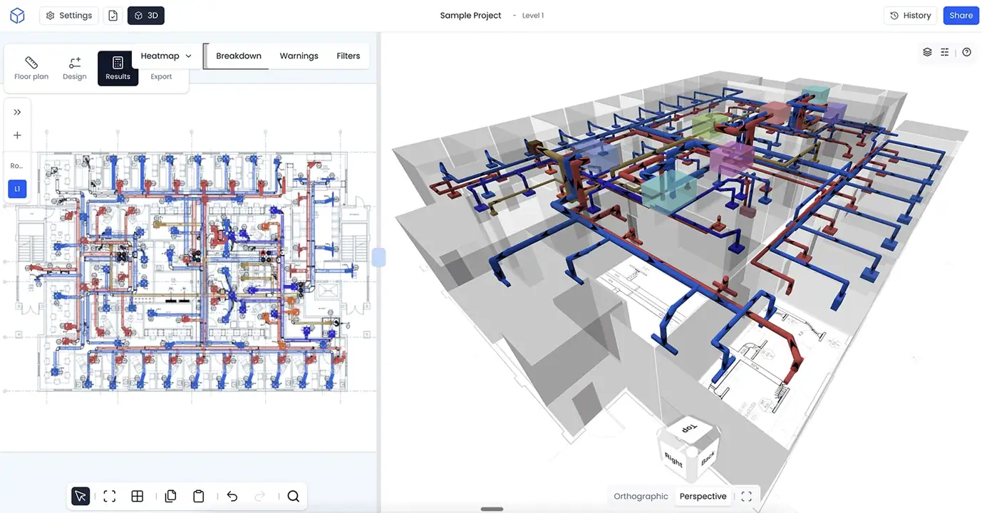 3D MEP design review showing coordinated building services in h2x