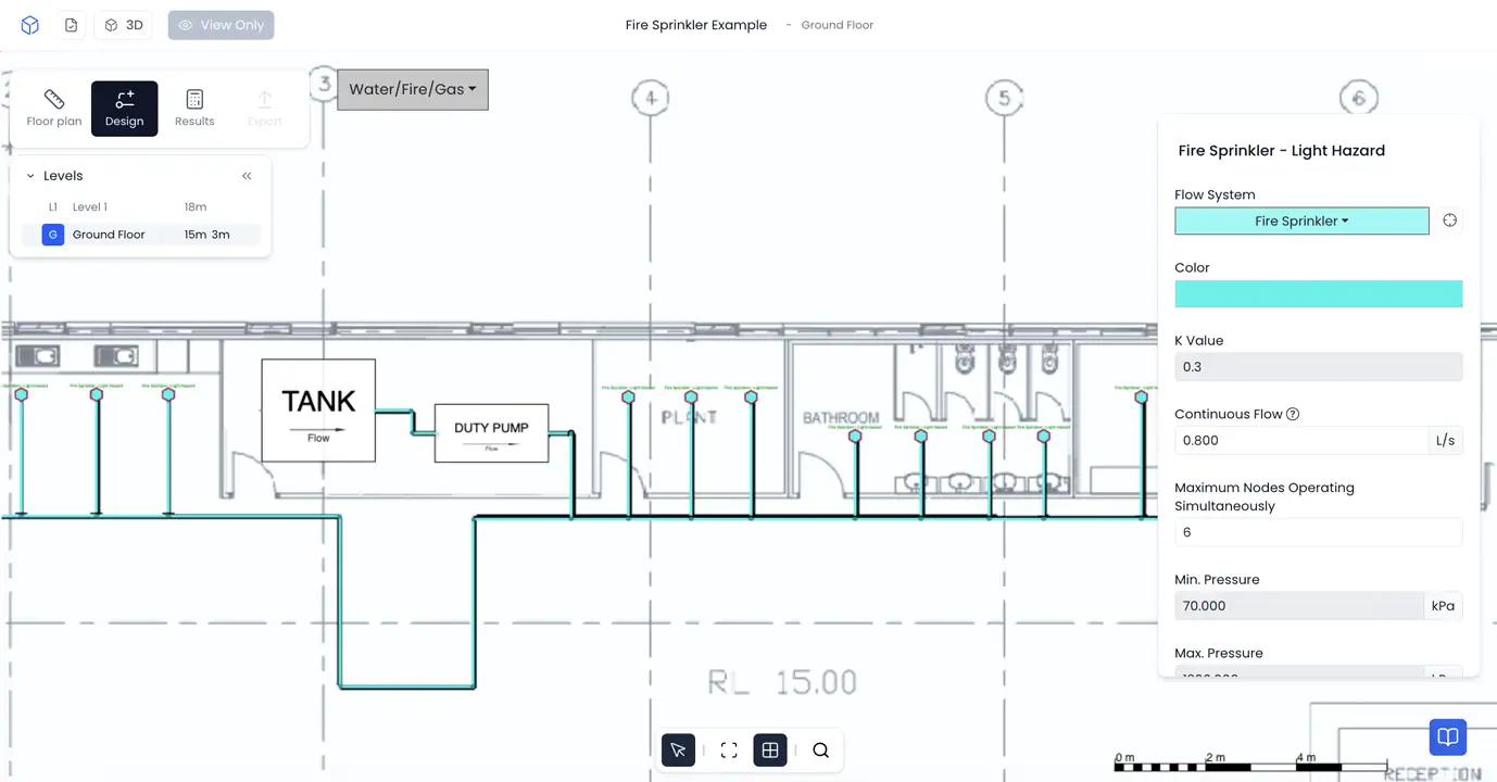 Fire sprinkler system design with flow and pressure settings shown on a floor plan in h2x
