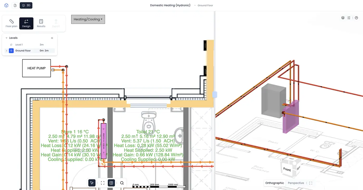 Heat pump and hydronic heating system shown in 2D and 3D views in h2x