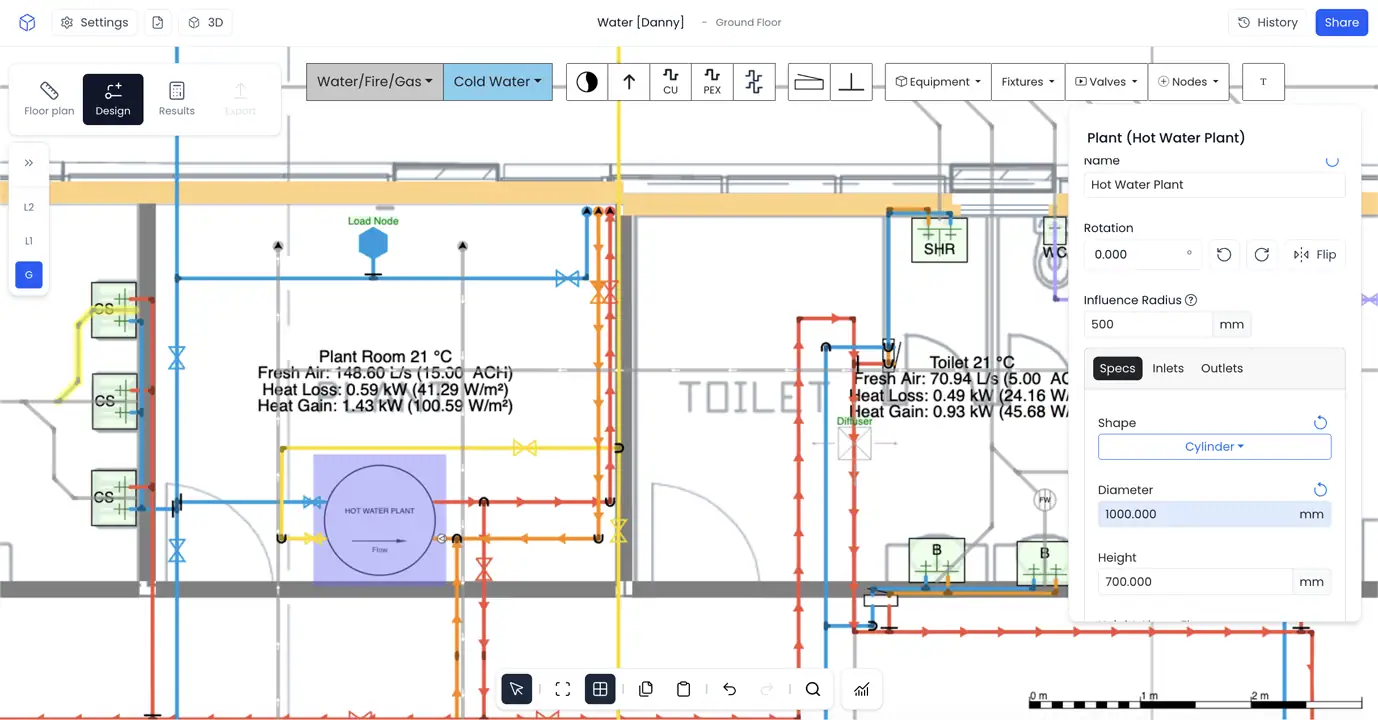 Hot and cold water plumbing system design with plant settings shown on a floor plan in h2x