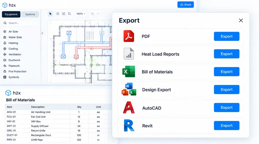 h2x export options with PDF drawings, heat load reports, and Bills of Materials