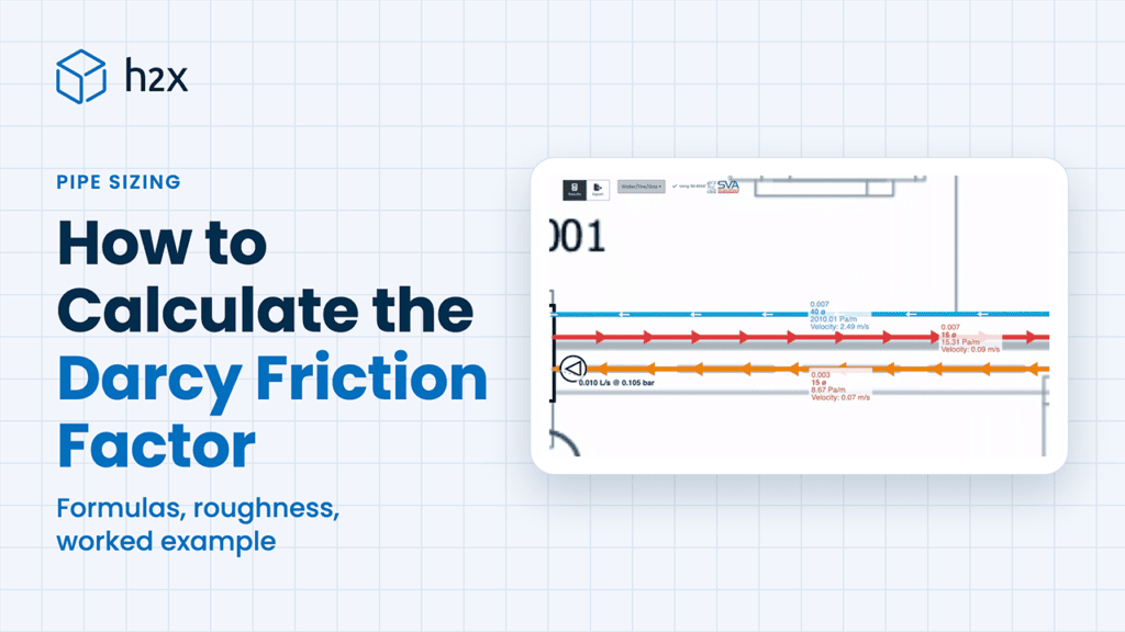 How to Calculate the Darcy Friction Factor, with an h2x screenshot of pipes labelled with their roughness, pressure drop and velocity