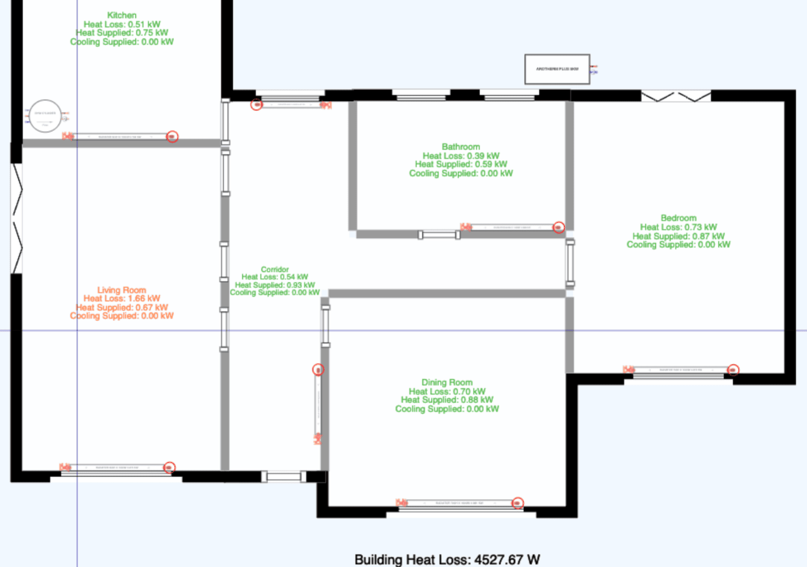 Room-by-room heat loss in h2x h2x floor plan of a single-storey house with every room labelled with its heat loss and heat supplied, such as the living room at 1.66 kW and the kitchen at 0.51 kW, and a building heat loss of 4,527.67 W
