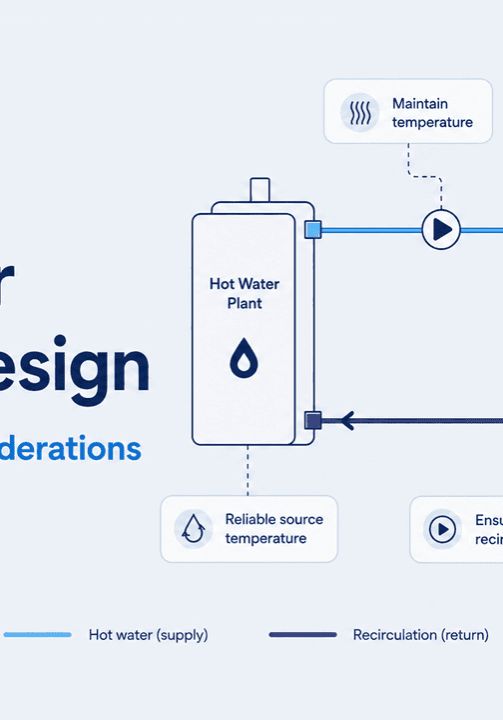 Hot water system design showing supply, recirculation return and key design considerations